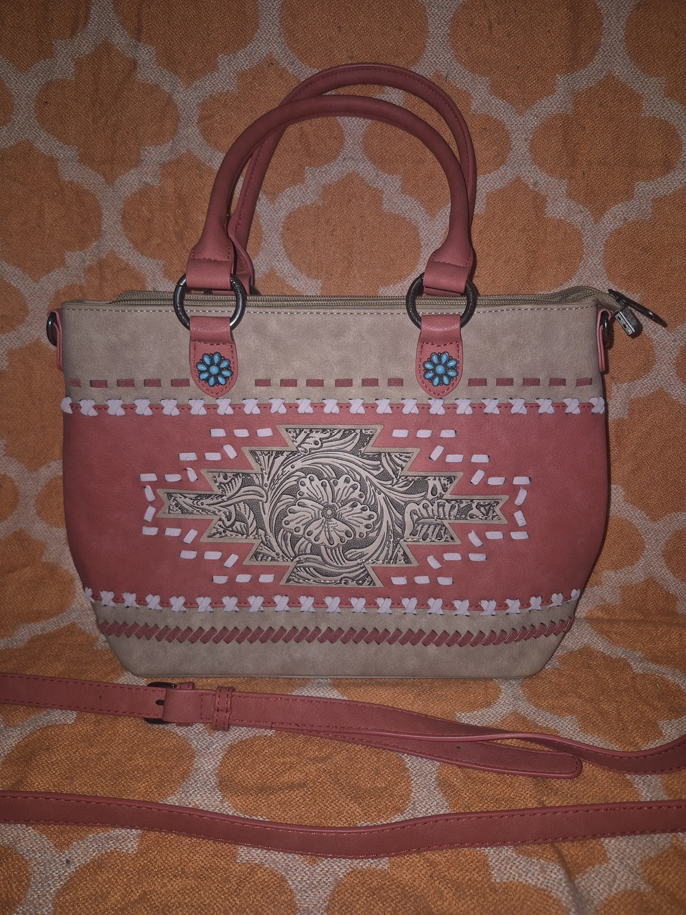 NWT Montana West Red, Coral and Beige Southwestern Embossed Shoulder Bag